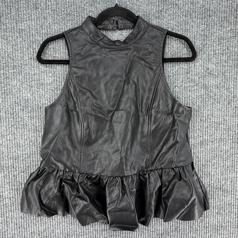 J Roberts going out top womens small black faux leather sleeveless mock neck Y2K
